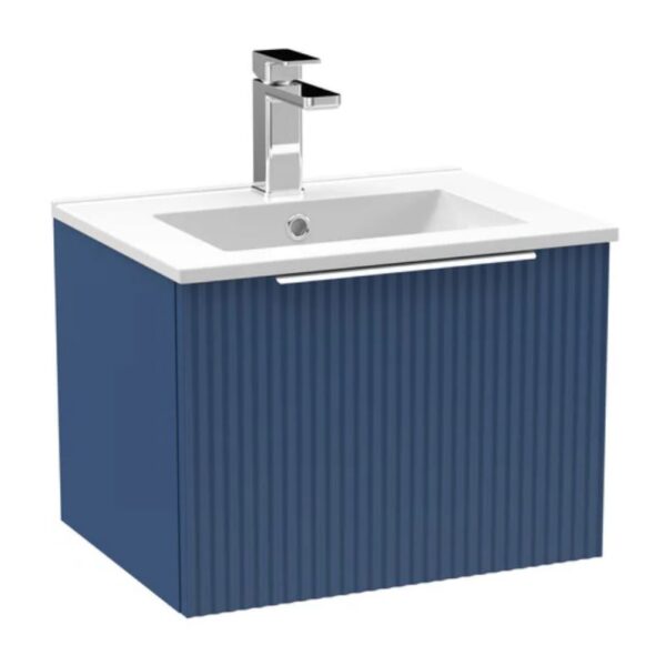 Satin Blue Hudson Reed Fluted 500mm 1-Drawer Wall Hung Vanity Unit