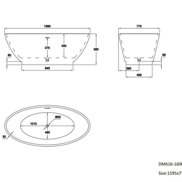 Glossy White Punto Oval 1600mm Free Standing Bath - Image 5