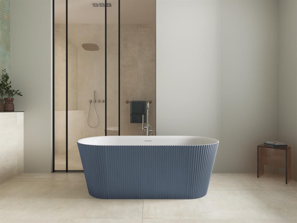 Matt Blue Pacha 1600mm Fluted Free Standing Bath - Image 3