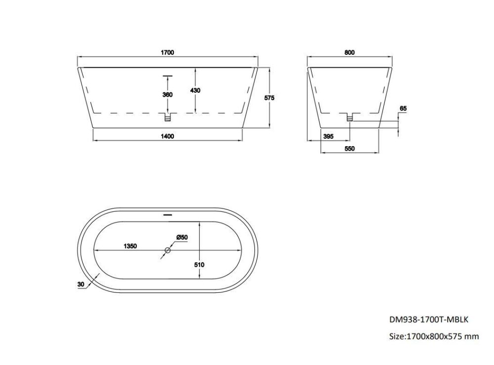 Matt Black Plato 1700mm Free Standing Bath - Image 5