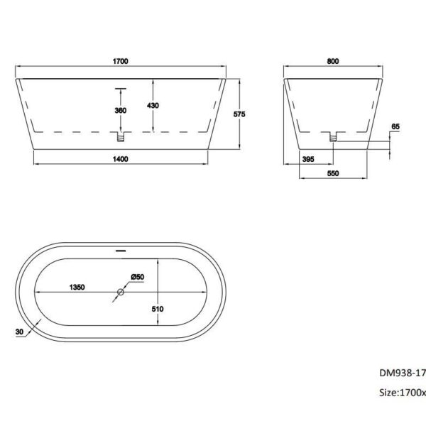 Matt Black Plato 1700mm Free Standing Bath - Image 5