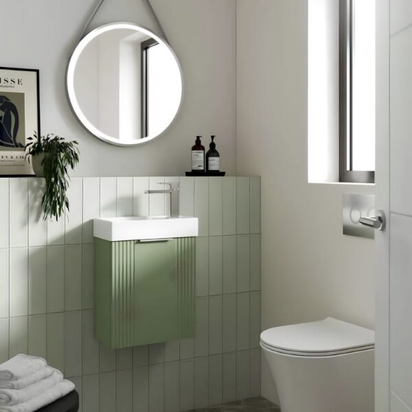 Satin Green Deco Cloakroom 400mm 1-Door Wall Hung Vanity Unit - Image 2