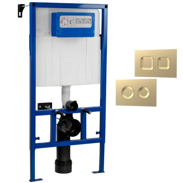 Nuie Mid Height Wall Hung Toilet Frame with Dual Flush Concealed Cistern & Brushed Brass Push Button