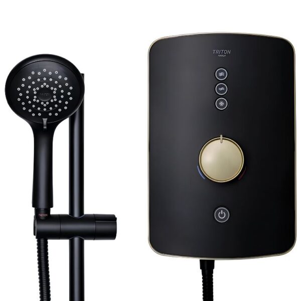 Triton Amala Electric Shower 8.5kW & 9.5kW – Black With Brushed Brass Trim - 9.5kW