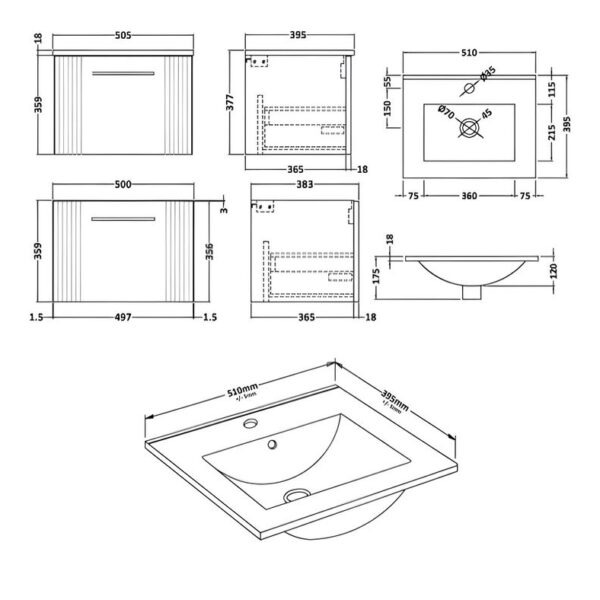 Nuie Satin Blue Deco 500mm 1-Drawer Wall Hung Vanity Unit - Image 5