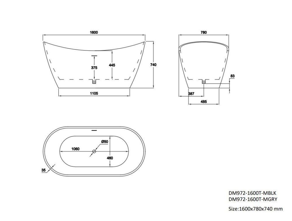 Matt Grey Girona 1600mm Free Standing Bath - Image 7