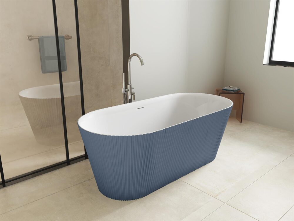 Matt Blue Pacha 1600mm Fluted Free Standing Bath - Image 4