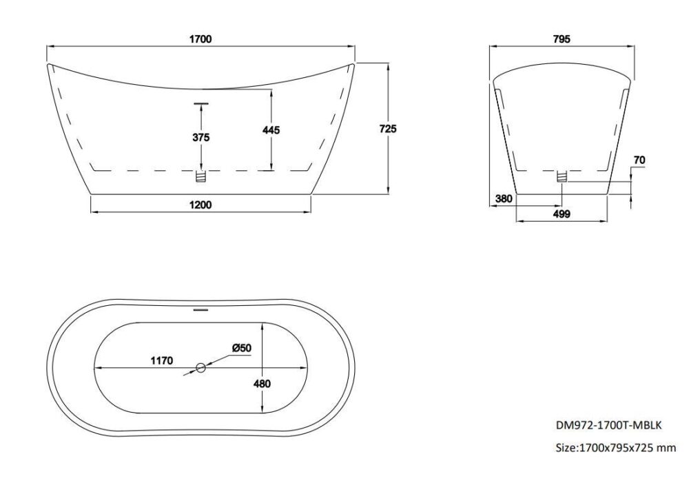 Matt Black Girona 1600mm & 1700mm Free Standing Bath - Image 7