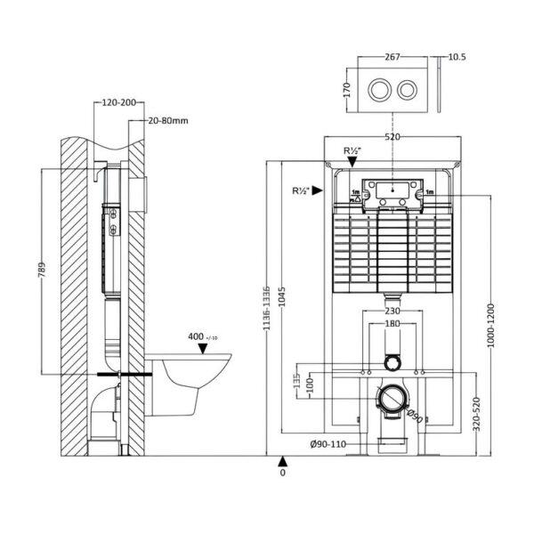 Nuie Wall Hung Toilet Frame 1136mm-1336mm with Chrome Dual Flush Concealed Cistern - Image 5