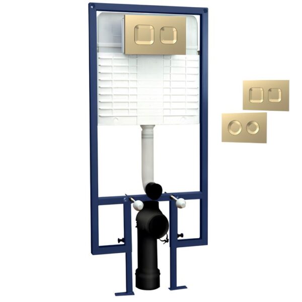 Nuie Wall Hung Toilet Frame 1136mm-1336mm with Brushed Brass Dual Flush Concealed Cistern