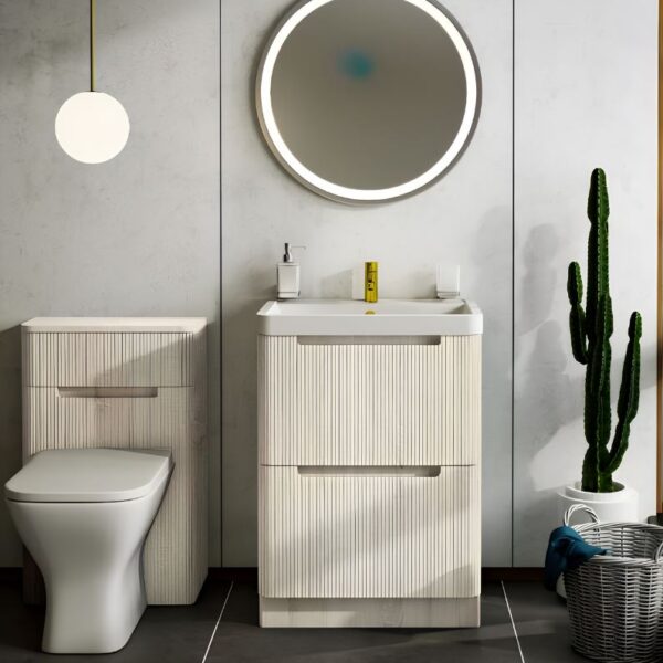 Fluted Oak Bathroom Vanity Unit Furniture Suite WC Unit & Basin - Image 2