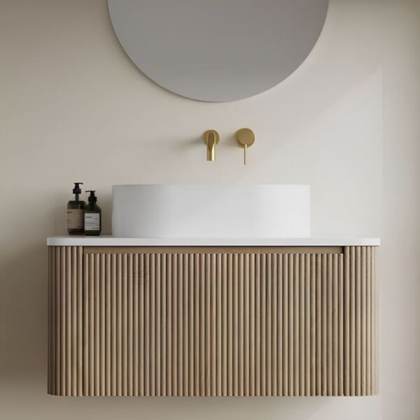Sognare Linea Curve 1-Drawer Wall Hung Vanity Unit with Basin 900mm – Fluted Oak - Image 2