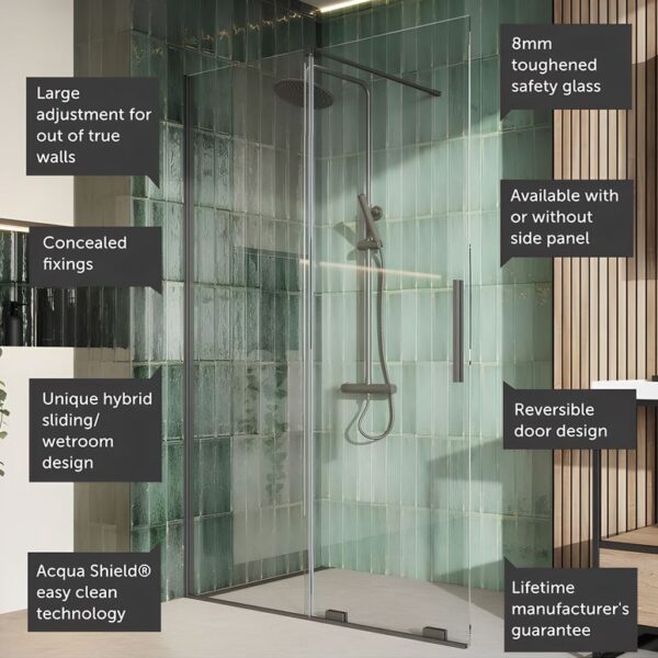 Sognare Momentum 8mm Sliding Shower Door For Wetrooms & Large Trays – Gun Metal - Image 4