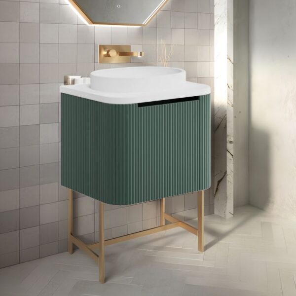 Sognare Linea Curve Reed Green 600mm Basin Vanity Unit & Optional Brushed Brass Frame - Image 4