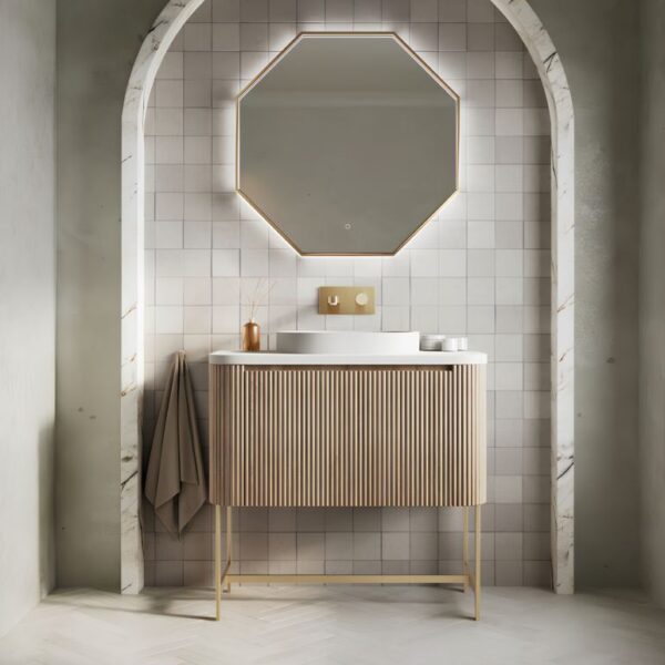 Sognare Linea Curve Oak 900mm Basin Vanity Unit & Brushed Brass Frame - Image 2