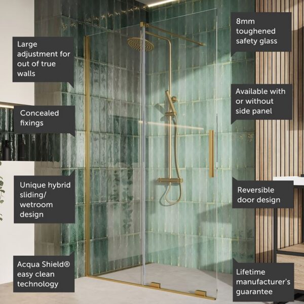 Sognare Momentum 8mm Sliding Shower Door For Wetrooms & Large Trays – Brushed Brass - Image 4