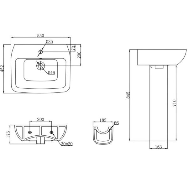 Kartell K-Vit Korsika 550mm 1 Tap Hole White Basin With Pedestal - Image 3