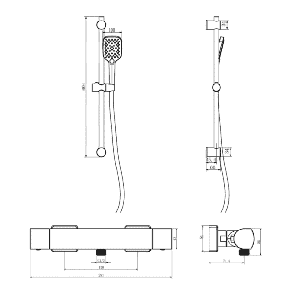Kartell Kolt Thermostatic Bar Shower & Slide Rail Kit Brushed Nickel - Image 4