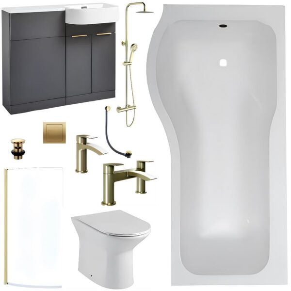 Matt Grey & Brushed Brass Full P Shaped Bathroom Suite