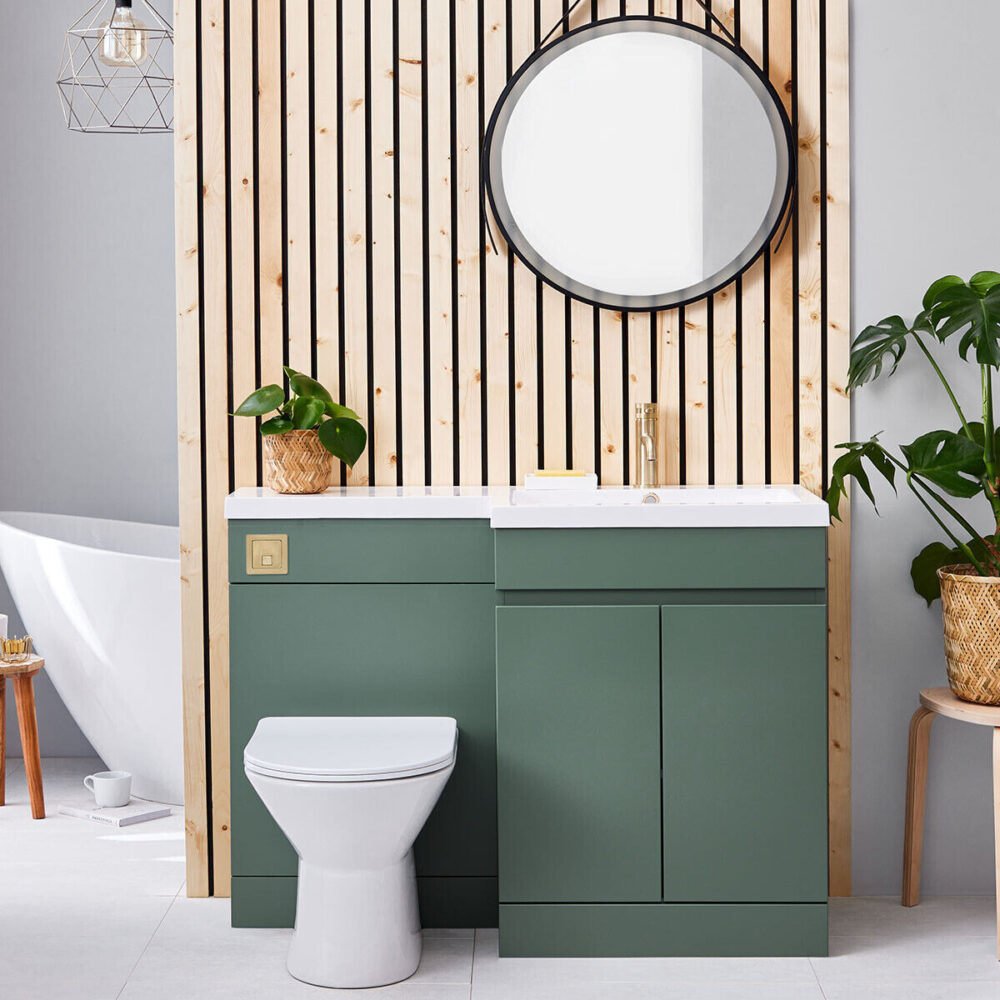 Brushed Brass Complete Modern L Shaped Matt Green 1100 mm Vanity Unit Bathroom Package - Image 2