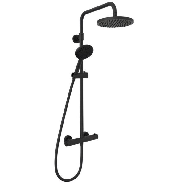 Tavistock Merit Push Button Cold Touch Thermostatic Shower with Fixed Head & Handset – Black