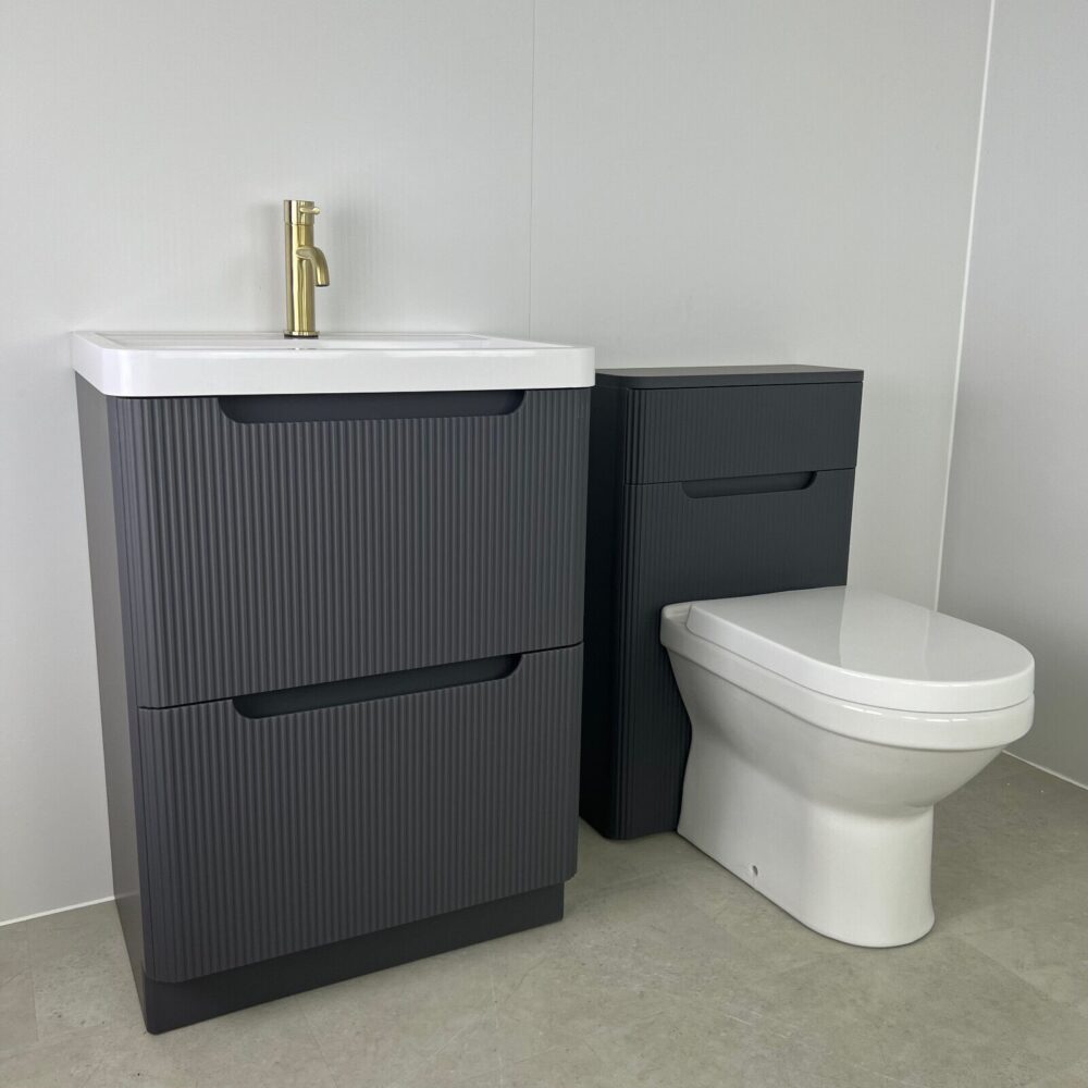 Full Brushed Brass Bathroom Suite P Shape Bath, Fluted Grey Vanity,WC Unit,Shower & Taps - Image 2