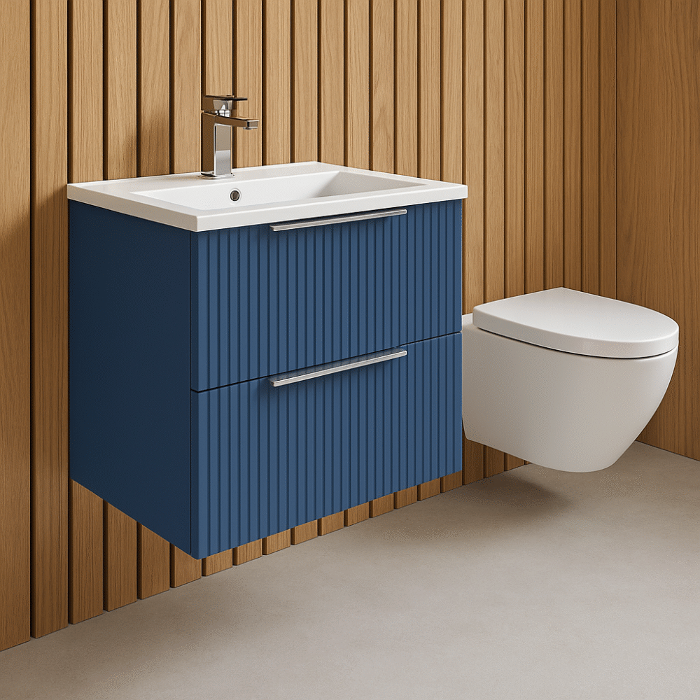 Nuie Deco Fluted Satin Blue 600mm Wall Hung 2 Drawer Vanity Unit & Basin - Image 5