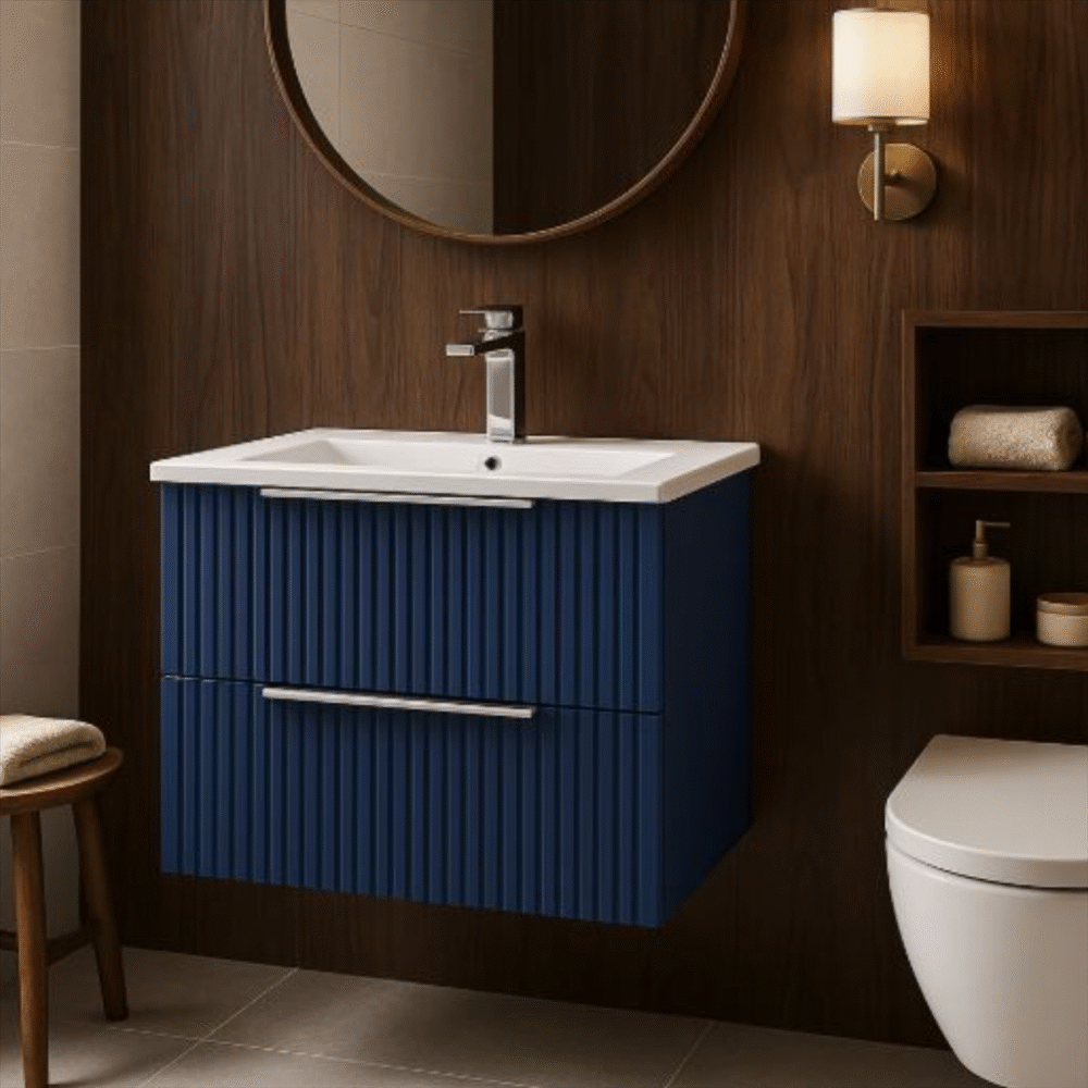 Nuie Deco Fluted Satin Blue 600mm Wall Hung 2 Drawer Vanity Unit & Basin - Image 3