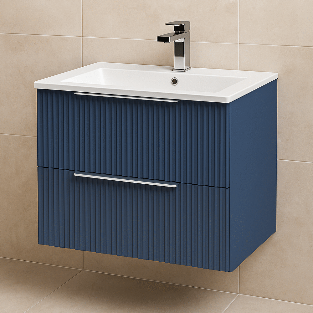 Nuie Deco Fluted Satin Blue 600mm Wall Hung 2 Drawer Vanity Unit & Basin - Image 2