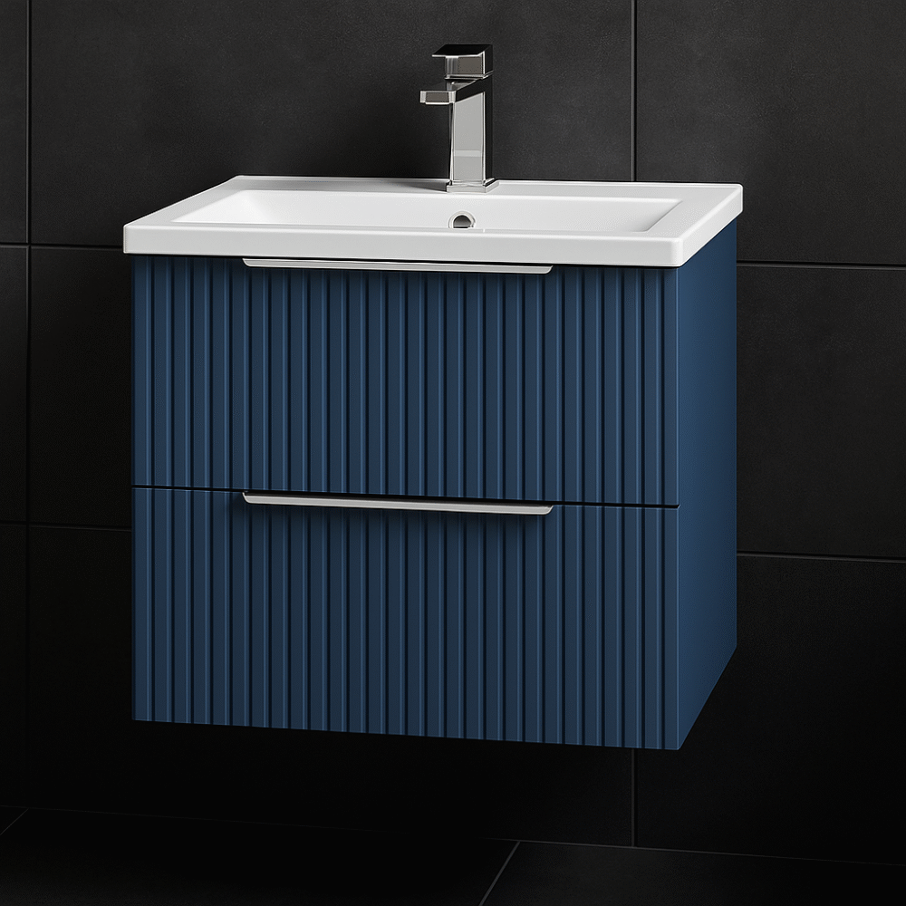Nuie Deco Fluted Satin Blue 600mm Wall Hung 2 Drawer Vanity Unit & Basin - Image 4