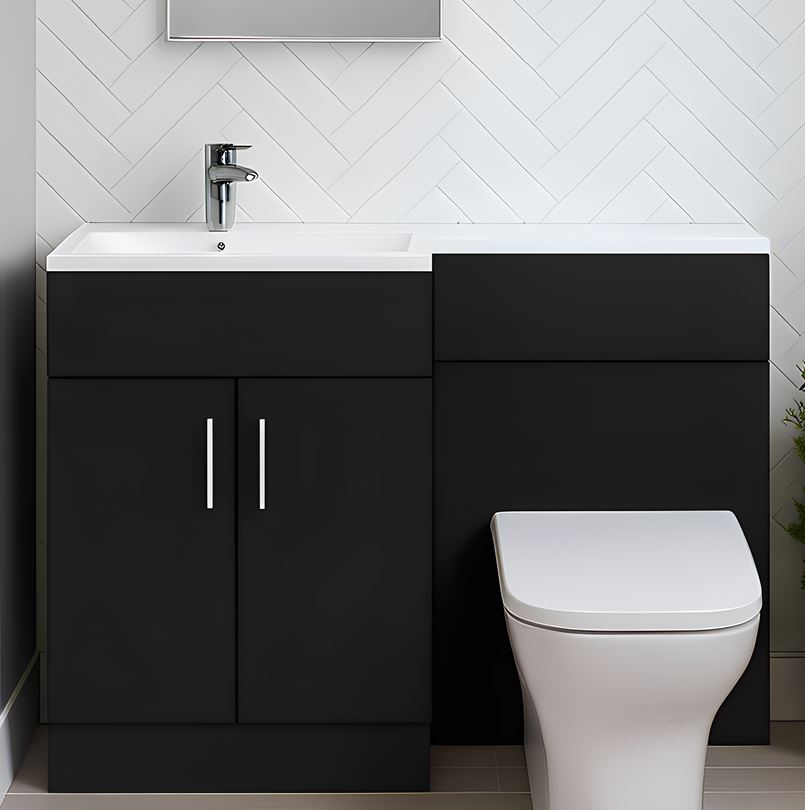 1100mm Matt Black Bathroom Combination Suite - Basin, Vanity Unit & BTW Toilet