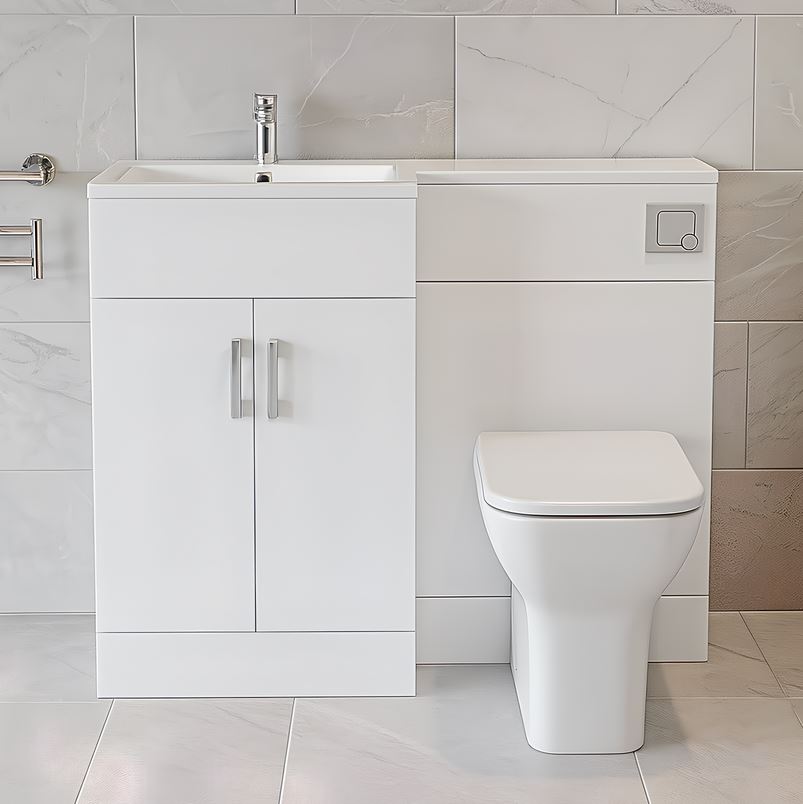 1100mm White Bathroom Combination Suite – Basin, Vanity Unit & BTW Toilet
