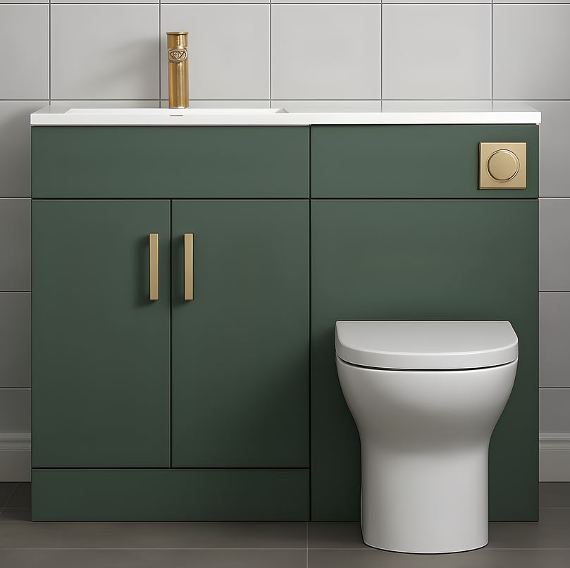 1100mm Green Bathroom Combination Suite – Basin, Vanity Unit & BTW Toilet