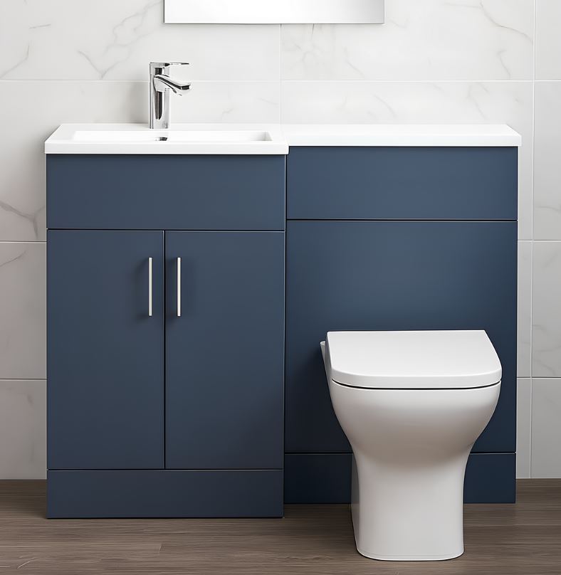 1100mm Blue Bathroom Combination Suite – Basin, Vanity Unit & BTW Toilet